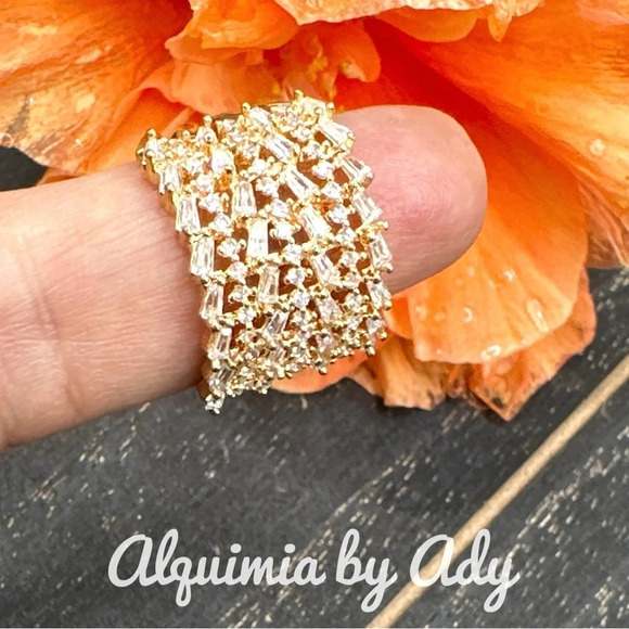 Gold/zirconia pave diamond style chunky lux ring band maximalist adjustable cuff - Picture 3 of 8